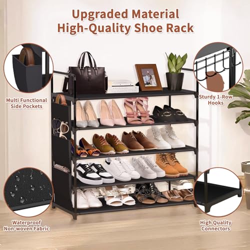 5 Tier Shoe Rack Organizer, Freestanding Shoe Storage Shelf with Side Pockets & Hooks, Waterproof Non-Woven Fabric Shoe Stand for Entryway, Closet, Bedroom, Holds Up to 20 Pairs of Shoes.(Black)