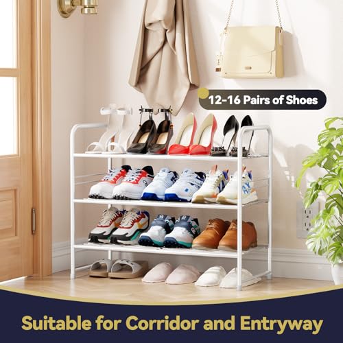 3 Tier Shoe Rack, Closet Shoe Organizer for Entryway, Heavy Duty Stackable Shoe Storage Shelf Stand,White