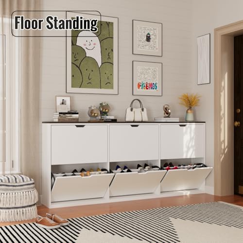 Mekminop 70.9" W Large Shoe Storage Cabinet with 6 Flip Drawers, White Shoe Organizer Cabinet for Up to 36 Pairs, Narrow Shoe Cabinet for Entryway, Hallway, Living Room
