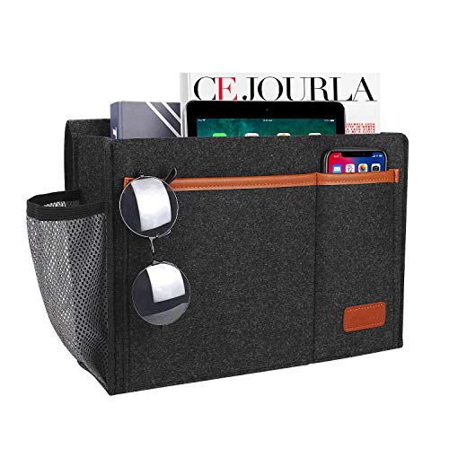 Bedside Caddy, Bed Storage Organizer for Remote Controller, Books, Magzine, Laptop Holder, 12.4'' x 8.6'' inch Bedside Hanging Felt Storage Bag for Dorm Bed with 5 Pockets, Dark Gray - color: Dark Gray