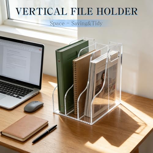 3-Tier Clear Acrylic File Holder, Vertical Document Organizer for Magazines, Binders, Notebooks & Envelopes - Multi-Purpose Desk Storage for Home Office（A4,3 Sections） - size: A4, 3 Sections