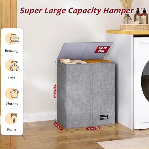 150L Laundry Hamper 2 Section, Large Laundry Hamper with Lid, Dirty Clothes Hamper with 2 Removable Inner Bags, Collapsible Laundry Basket Organizer for for Clothes Toys Towels, Hamper 2 Compartment - color: Grey, size: 150L