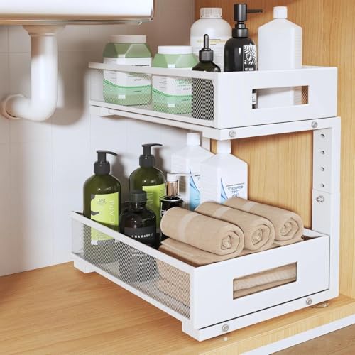 Under Sink Organizer, 2-Tier Dual Pull Out Cabinet Organizer Drawers With Smooth Circular Rail, Large Capacity Metal Mesh Sliding Shelves For Bathroom& Kitchen Storage,Height Adjustable–White,1 Pack - color: White, size: 1 Pack-15.9"Dx11.6"-16.7" H