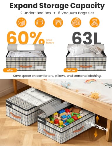 2-Pack Under Bed Storage with Wheels and 6 Vacuum Seal Bags, Adjustable Height 7.9"-10.2",Heavy Duty Capacity, Clear Lid Organizer for Dorm Bedroom Clothes Shoes Books,Quick Assembly Space Saver - color: Houndstooth, size: 10.2 inches