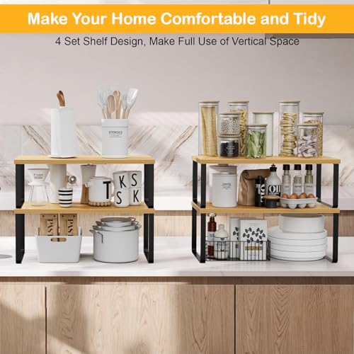 OGEMXU Cabinet Shelf Organizers, 15.7 inches Large Kitchen Counter Shelf, Set of 4 Wood Kitchen Pantry Organizer, Storage Shelves for Countertop, Spice Rack, Stackable, Expandable, Metal Black, Nature - color: Black and Natural Beige, size: 4pcs 7.8" D x