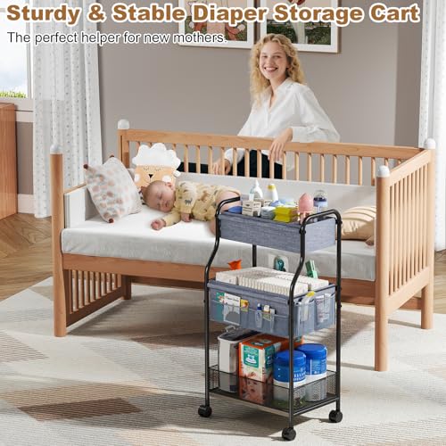 3-Tier Baby Diaper Caddy Organizer and Storage Cart, Mobile Metal Utility Cart with Rolling Wheels for Nursery Essentials with 4+2 Dividers, Large Capacity Rolling Cart For Bedroom, Bathroom, Nursery - color: Gray, size: 17"W*11.35"D*32.05"H
