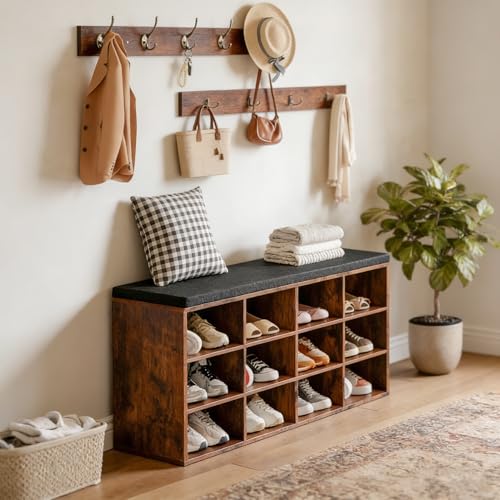 HOOBRO Shoe Storage Bench with Cushion, 39.4" L Entryway Bench with 12 Cubbies, Entryway Hall Tree with Storage, Shoe Cabinet with Coat Rack for Bedroom, Hallway, Holds up to 330 lb, BF112HX01G1 - color: Rustic Brown + Black