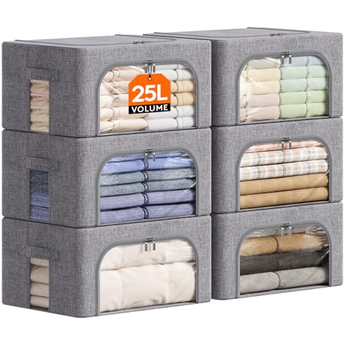 Lifewit Clothes Storage Bins with Metal Frame, Stackable Storage Box, Foldable Clothing Storage Bins with Lids, 25L Storage Bags Fabric Box Organizer with Clear Window＆ Zippers＆ Sturdy Handles 6 Pack - size: 25L