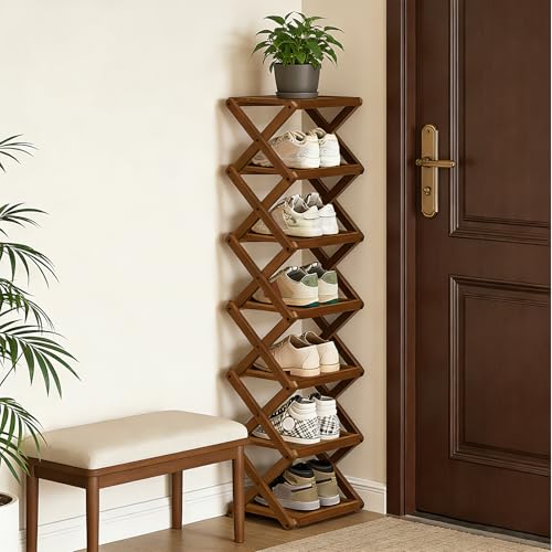 YYW Shoe Rack, Foldable Bamboo Shoes Shelf, Freestanding Shoe Storage Organiser for Entryway, Bedroom, Closet, Hallway, (Brown, 7 Layers, 25) - color: Brown, size: 7 layers