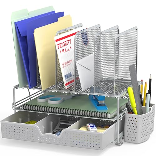 Simple Houseware Mesh Desk Organizer with Sliding Drawer, Double Tray and 5 Upright Sections, Silver - color: Silver