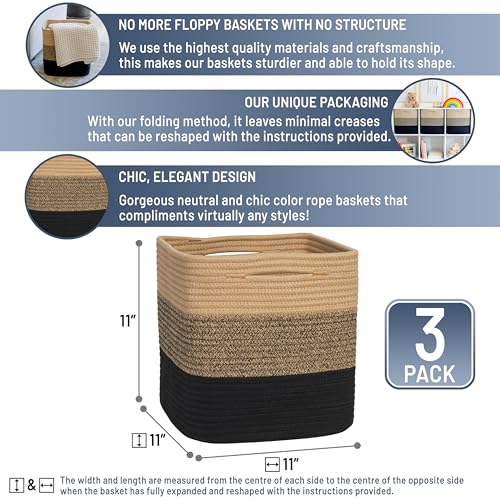 NaturalCozy Storage Cubes 11 Inch Cotton Rope Woven Baskets for Organizing, 3-Pack | Cube Storage Bin | Square Storage Baskets for Shelves Organizer, Classroom, Kids Toy Bins, Closet, Baby Nursery - color: 3-Tone Black & Tan Brown