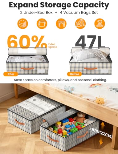 2-Pack Under Bed Storage Bins with Wheels and 4 Vacuum Seal Bags, Heavy Duty 80lbs Capacity,7.9" Height Clear Lid Organizer for Dorm Bedroom Clothes Shoes Toys,Quick Assembly Space Saver Houndstooth - color: Houndstooth, size: 7.9 inches