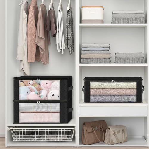 HomeHacks Storage 3-Pack Clothes Organizer Storage Bags Foldable Storage Box with Large Clear Window Sturdy Handles for Closet, Dorm, Pillows, Bedding, Clothes, Blankets, 35L, Black - color: Black