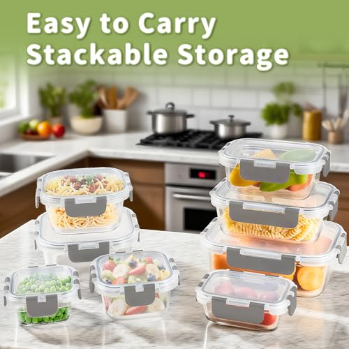 HOMBERKING 8 Pack Glass Food Storage Containers with Lids, Meal Prep Containers, Airtight Bento Boxes with Leak Proof Locking for Microwave, Oven, Freezer and Dishwasher, BPA Free, 5-35oz - color: Grey