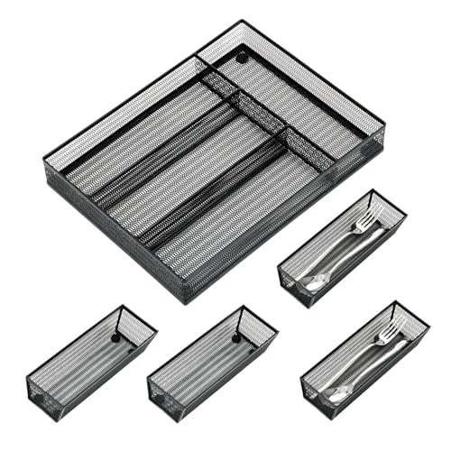 Neudeco Drawer Organizer Set 5 Pack - 4-Compartment Silverware Organizer Tray + 4 Utensil Trays, Kitchen Drawer Organizer for Flatware, Cutlery, Office Supplies, Black Mesh, Non-Slip. - color: Black-5 pack