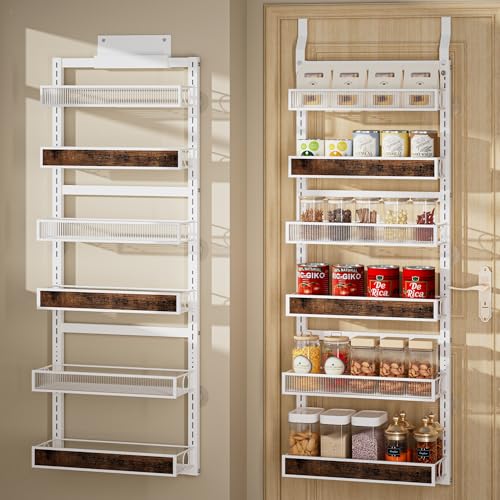 6 Tier Over the Door Pantry Organizer 2 IN 1 Hanging or Wall Mounted Spice Rack with Adjustable Basket,Heavy Duty Seasonning Storage Shelf for Kitchen Pantry and Bathroom - color: White, size: 6 Tiers
