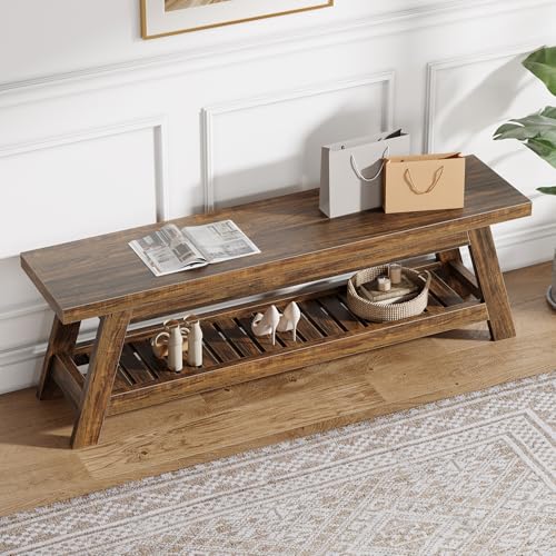 Tribesigns 55" Large Wood Entryway Bench with Shoe Storage, 2-Tier Rustic Brown Narrow Hallway Foyer Seating Bench with Open Shelves for Entryway, Bedroom, Mudroom - color: Rustic Brown