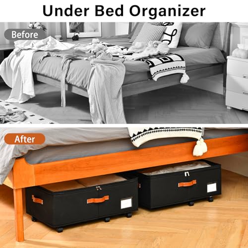 Freebat Under Bed Storage Organizer with Wheels, Underbed Container with Clear Lid Cover, Storage Bag Box with Visiable Window for Clothes, Bedsheet, Pillow, 2 Pack - size: 10 Inch