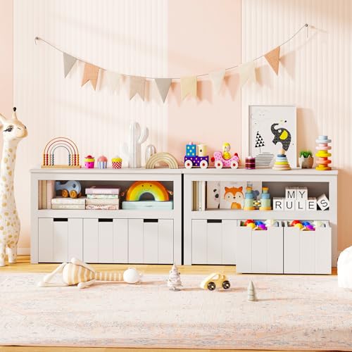 GLACER Toy Storage Organizer, Wooden Montessori Shelf with 3 Movable Drawers, Hidden Wheels, Toy Box for Boys and Girls, Kids Storage Organizer for Playroom, Nursery, Kindergarten, Living Room (White) - color: White
