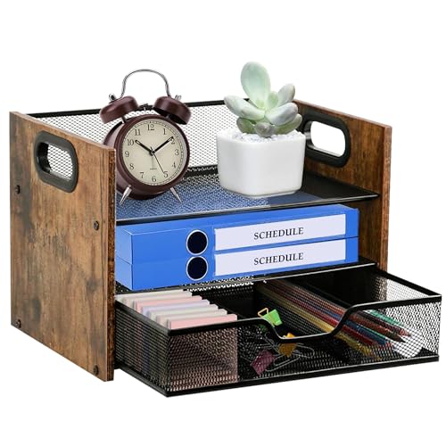 Wood Desk Organizer - 3-Tier Desktop File Organizer with Drawer, Wooden Paper Tray, Office Desk Organzier and Accessories for Papers, Mail, Notebooks, Stationery - size: 3 Tier Drawer