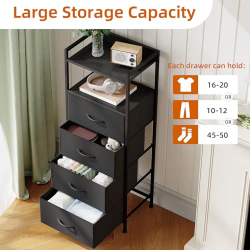 Somdot Nightstand with 4 Drawers, Vertical Storage Tower Fabric Dresser for Bedroom, Night Stand Bedside Table Furniture, Sturdy Steel Frame, Wooden Top & Easy Pull Fabric Bins, Black - color: Black, size: 11.4"D x 15.2"W x 36.3"H (4 Drawers)