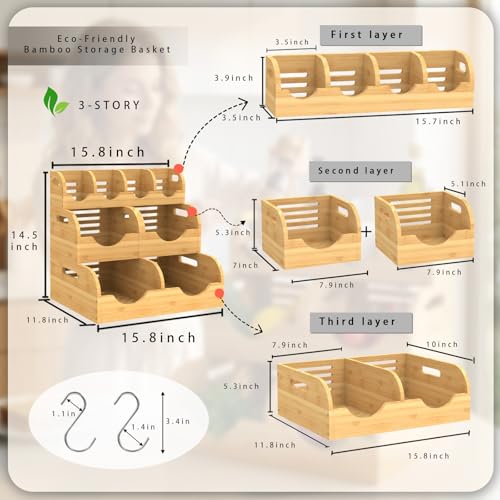 Upgraded 3 Tier Bamboo Pantry Storage Bins,Large potato storage With 2 Banana Hangers,Stackable Potato and Onion Storage Bin with Airflow Vent, Pantry Baskets, Vegetable Storage,for Kitchen Countertop