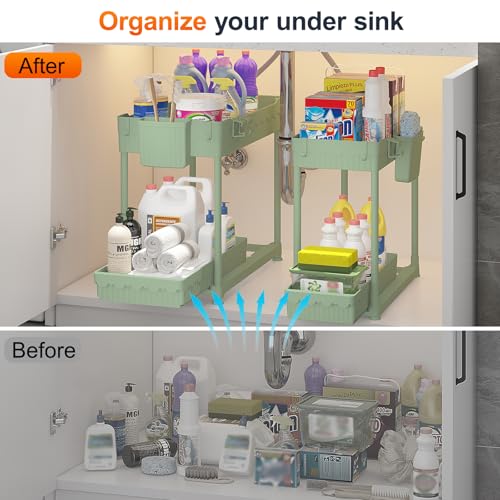 Sevenblue Under Sink Organizer, Bathroom Organizers and Storage, 2 Tier Multi-Use Pull Out Cabinet Organizer with Hang Hooks and Cups (Green, 4 Pack) - color: Green, size: 12.8 Inch