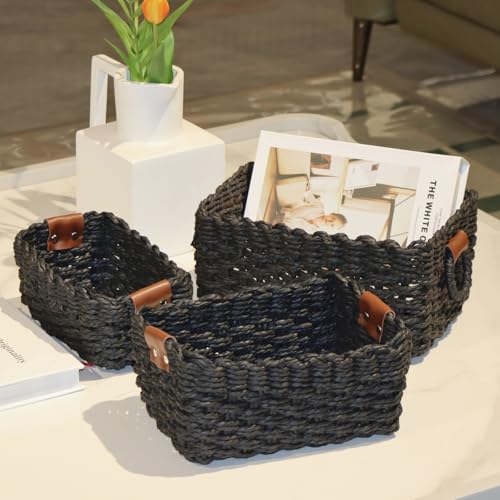 Paper rope Small Storage baskets for Organizing,Cute woven Little basket for Home，Shelves, Bathroom,Decorative basket,Set of 3 (Black) - color: Black