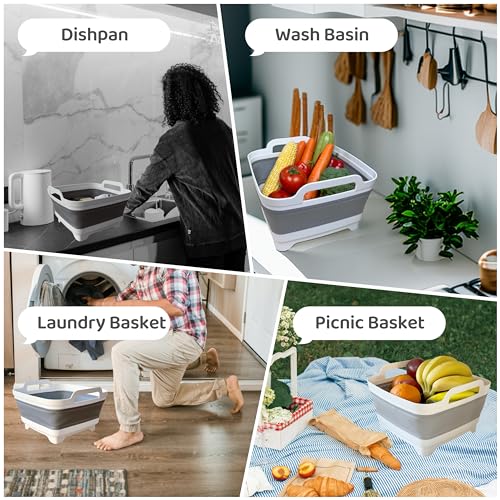 GIMWA Collapsible Wash Basin with Drain Plug - 2.4 Gallon Foldable Kitchen Sink for Baby Bottles, RV Camping, Space-Saving Dish Tub (Gray-Gray) - color: Gray-gray