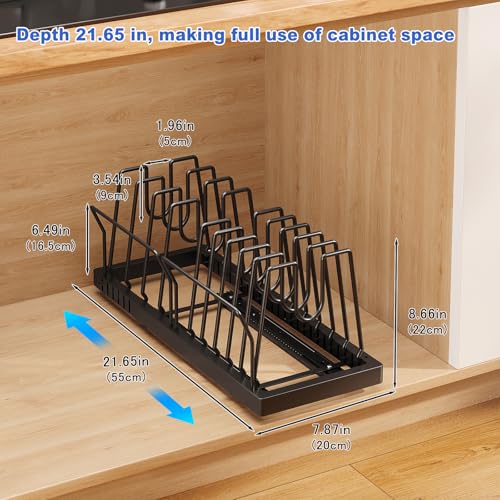 Mustorn 2 Pack Pots and Pans Organizer Under Cabinet, 21.6" Deep Pull Out Pot Lid Organizer Holder with Guardrail Adhesive Pot and Pan Holder Rack with 10 Adjustable Dividers(Black) - color: Black, size: 2 Pack