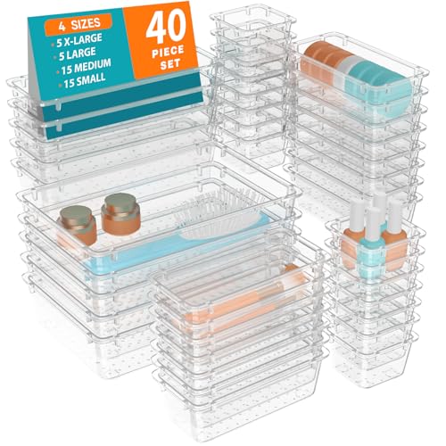 WOWBOX 40 PCS Clear Plastic Drawer Organizer Set, 4 Sizes Desk Drawer Organization and Storage Containers for Makeup, Cosmetics, Jewelry and Gadgets in Kitchen, Bathroom, Bedroom, Office, Clear - color: Clear, size: 40 PCS