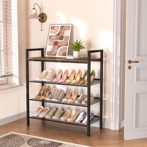 WIN4ALL Shoe Rack for Front Door Entrance, 4 Tier Shoe Rack for Entryway, 12-16 Pairs of Shoes, Metal Shoe Rack Organizer, Free Standing Shoe Rack for Closet (Black+Rustic Brown) - size: 4 Tier (11.81"D x 29.33"W x 30.31"H)