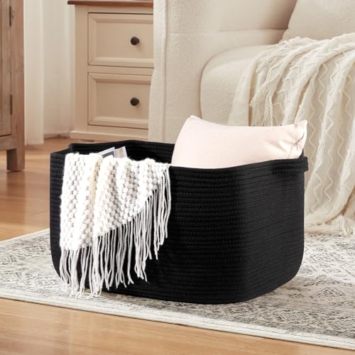 OIASKET Large Blanket Basket, Black Blanket Storage Living Room, Rectangle Woven Baskets for Storage Toys, Towels, Dirty Clothes Organizer Bins (Black) (Pack of 2) - color: Black, size: 19.7"x15.8"x11.8" (Pack of 2)