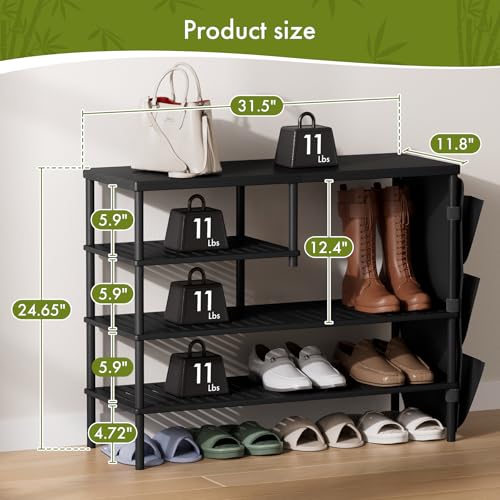 Bamboo Shoe Rack, 4 Tiers Shoe Organizer for Closet, Shoes Storage for 20-24 Pairs, Freestanding Shoe Shelf with Removable Pocket for Entryway Bedroom Front Door Dorm, Black - color: Black