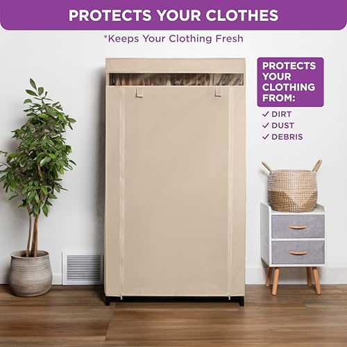 HOLDN’ STORAGE Portable Wardrobe Closet - 50 lb Capacity, Internal Heavy Duty Metal Rod, Zipper & Clear Window, Durable Clothes Organizer, Tool-Free Easy Assembly, Beige Canvas Cover - color: Beige, size: Medium