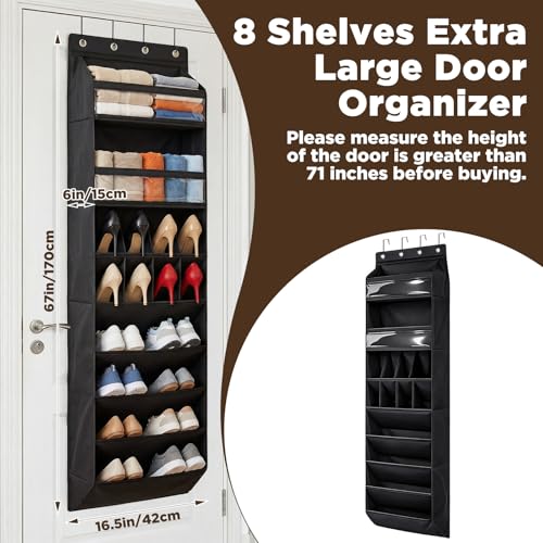 8 tiers Door Shoe Organizer, Multifunction Over the Door Hanging Shoe Rack with Oxford Fabric Deep Pockets, 66.9 x 16.5 x 5.9 Inches Storage Organizer (Black)