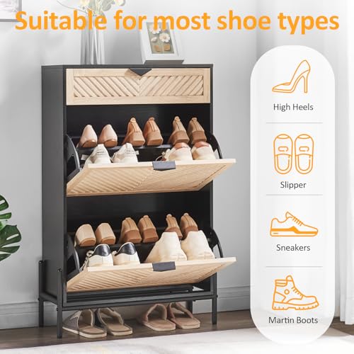 Shoe Cabinet Storage with 2 Flip Drawers, Narrow Hidden Shoes Organizer Cabinet for Entryway, Freestanding Slim Shoe Rack Front Door Entrance(Oak&Black) - color: Oak&black, size: Medium