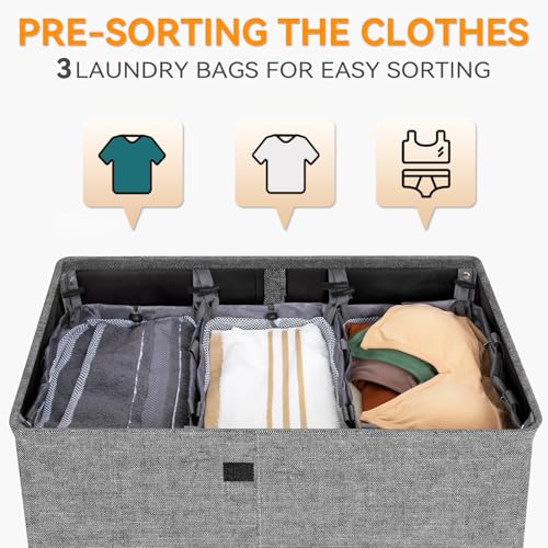WOWLIVE Laundry Hamper with Lid,180L Large Laundry Basket 3 Section with Removable Washing Bags,Collapsible Waterproof Dirty Clothes Hamper for Laundry Room Bathroom Dorm,Gray - color: Gray, size: 180L (31.5x 12.2 x 27.5 Inches)