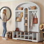 DWVO 59" W Hall Tree with Shoe Storage, Arched Entryway Bench with Coat Rack, 10 Shoe Cubbies Shelves & 10 Coat Hooks, Shoe Storage Bench for Entryway Hallway,White