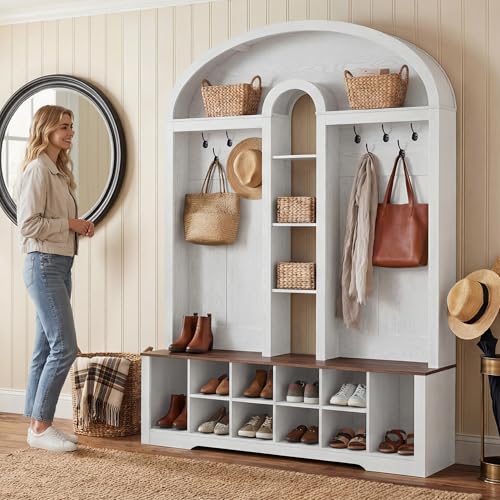 DWVO 59" W Hall Tree with Shoe Storage, Arched Entryway Bench with Coat Rack, 10 Shoe Cubbies Shelves & 10 Coat Hooks, Shoe Storage Bench for Entryway Hallway,White