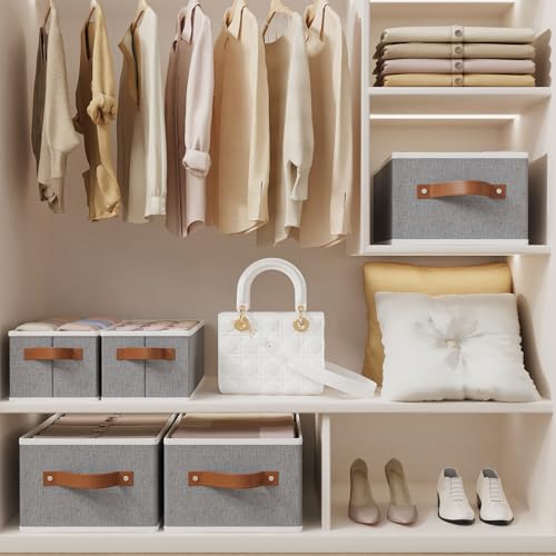 OUTBROS Foldable Bins With Handles, Fabric Storage Boxes, Foldable Bins With Handles, Wardrobe Baskets for Organizing, For bedrooms, living rooms, Shelves, White, 16.1 x 6.5 x 9.8 inch, 6-Pack - color: Grey, size: 16.1x6.5x9.8in(6-Pack）