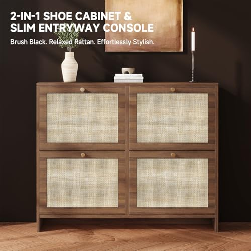 Nicetree Shoe Cabinet Storage for Entryway, 4-Flip Drawer Narrow Shoe Rack with Adjustable Shelves, Boho Modern Square Rattan Shoe Organizer, Slim Wood Storage Cabinets for Small Spaces Fits Size 13.5 - color: Toasted Caramel, style: 4 Flip Drawer - Class