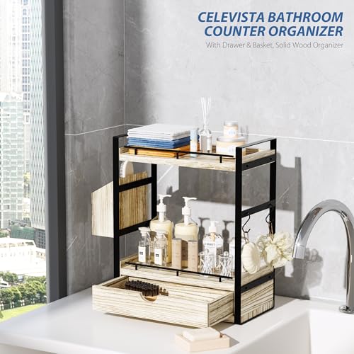 2-Tier Wood Bathroom Counter Organizer, Countertop Organizer with Drawer and Storage Basket, Bathroom Sink Organizer for Vanity, Skincare, Makeup, and Daily Essentials (Light Brown) - color: Light Brown
