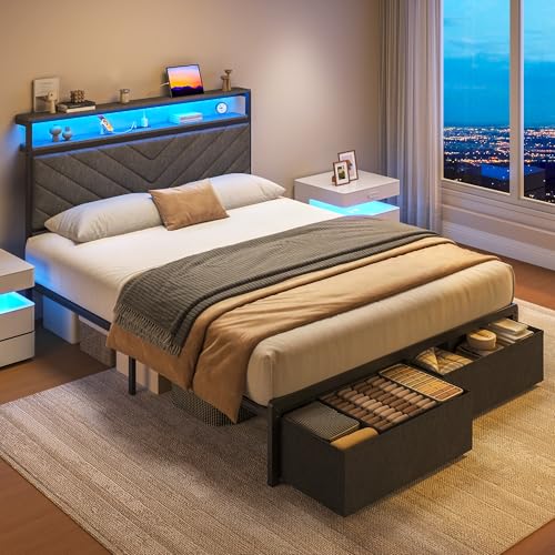 Fluest Full Bed Frame with 2 Drawers, Upholstered Headboard with Storage and Charging Station, LED Lights, Fabric Drawers with Wheels, Under Bed Storage, No Box Spring Needed, Easy Assembly, Grey - size: Full