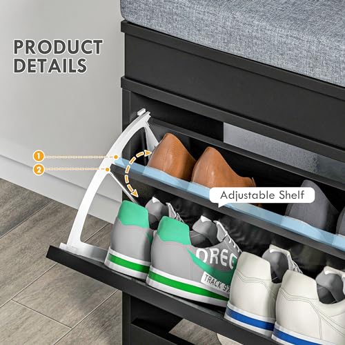 HOMCOM Modern Shoe Rack Bench for Entryway, Storage Organizer with Cushion, 2 Drawers, Adjustable Shelf, Holds 8 Pairs, Black - color: Black