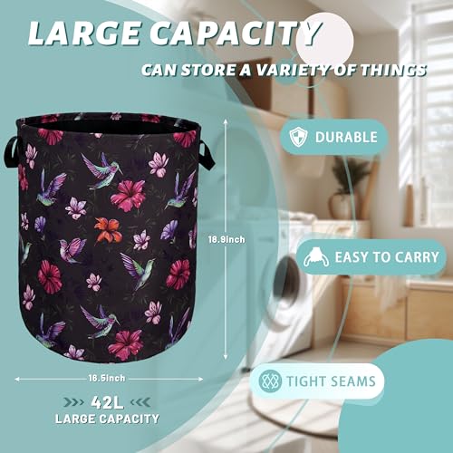 Beautiful Hummingbird Hibiscus Flower Laundry Basket Foldable With Handles Tote Bag Oxford Cloth Colorful Laundry Hamper Clothes Storage Bucket For Bathroom/Laundry/Bedroom 18.9" x 16.5 " - color: Pretty Hummingbird Hibiscus Flower