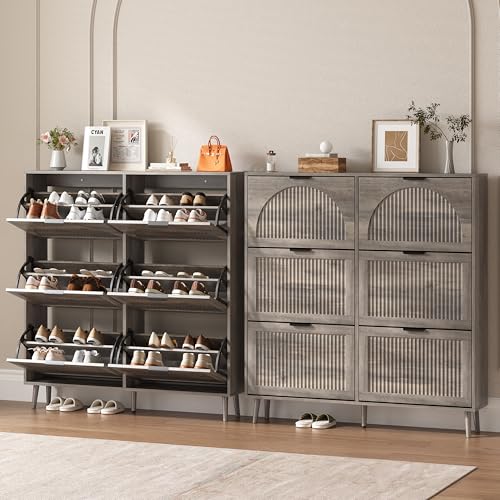 BORNOON Shoe Cabinet for Entryway with 6 Flip Drawers, Slim Wooden Shoe Storage Organizer with Modern Fluted Pannel，Freestanding Narrow Hidden Shoe Rack for Hallway, Foyer, Living Room - color: Grey, size: 6 Flip Drawers