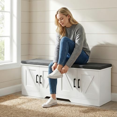 HOMSHO 2-Tier Storage Bench, 47.2" Wide Shoe Bench with Padded Seat Cushion, Entryway Bench with 4 Barn Doors and Adjustable Shelf, White - color: White, size: 47.2" Wide