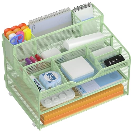 Docnest 3 Tier Mesh Desk Organizer for Paper Office Supplies – Multi-Functional Letter Tray with 5 Adjustable Compartments, 3 Pen Holders, Desktop Storage for Files, Mail, Stationery – Green - color: Green, size: 12.7" x 9.1" x 8.6"
