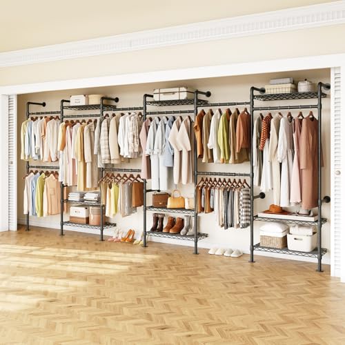 H6 Wall Mounted Closet System, Industrial Pipe Clothes Rack Clothing Racks with 6 Telescopic Rods & 3 Fixing Rods & 9 Shelves, Heavy Duty Closet Organizers and Storage in Wardrobe Closet (Black) - color: Black